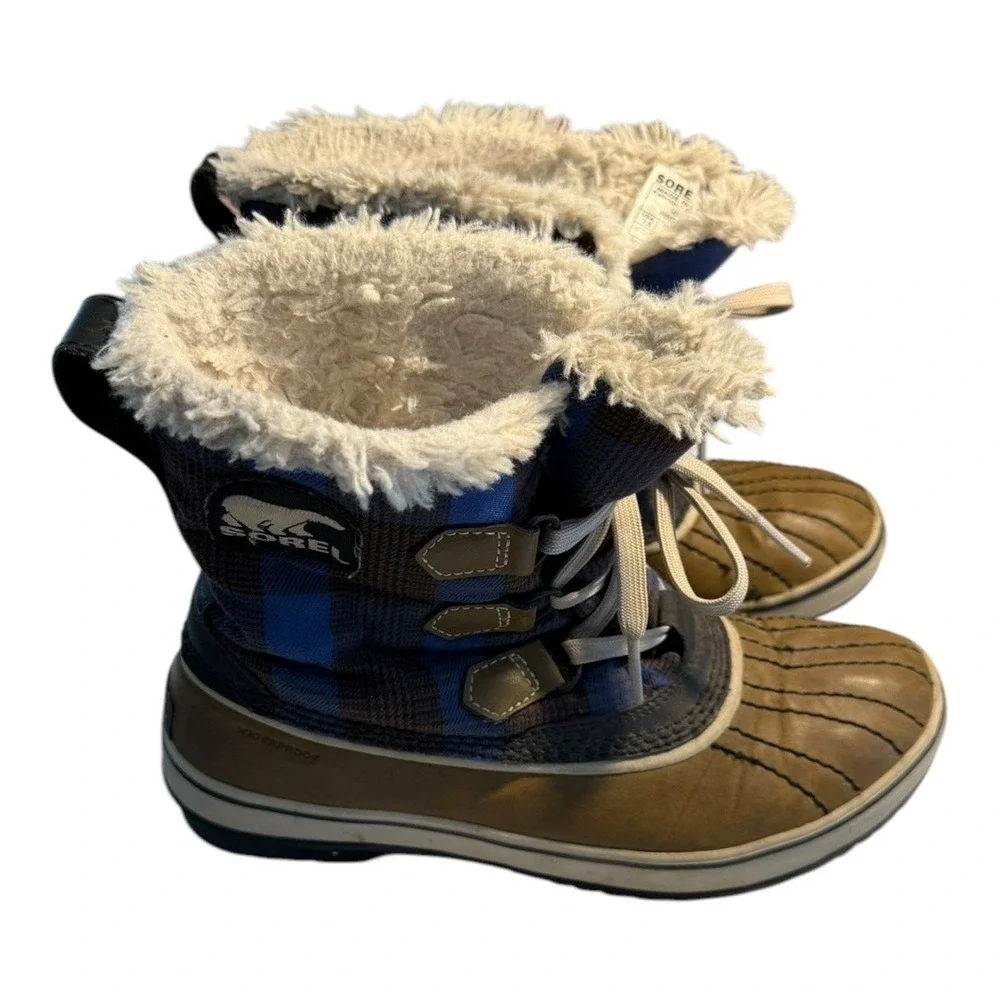 Sorel Winter Fancy Camp Waterproof Plaid Faux‎ Fur Boots Blue Brown 7.5